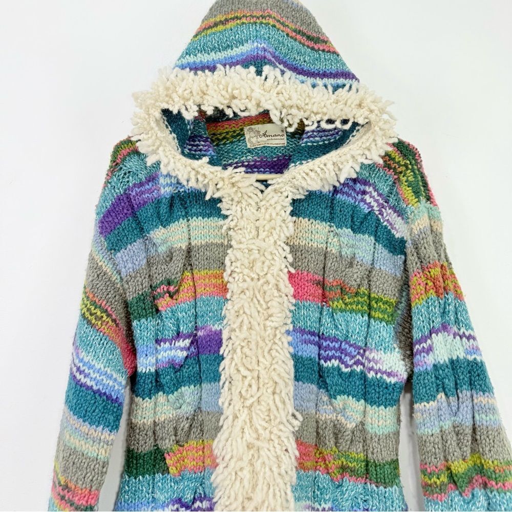 Amano Artisan Handmade Colorful Stripe Hooded Boho Fringe Retro Cardigan Sweater - Picture 2 of 12